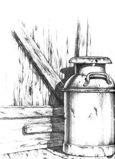 a drawing of an old fashioned kettle next to a wooden fence with a hand rail