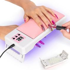 The LED gel nail lamp has plenty of space to accommodate both your hands or feet at the same time.The Hand Pillow Nail lamp has foldable stands for easy storage and space saving Our nail lamps use UV and LED dual light sources(365+405nm wavelength), which is closer to white light, after lighting, your nails have high brightness, No crack, and not hot for your hands. 24 LED light beads are evenly distributed inside. It would help to cure gel nail polish uniformly but won't hurt your skin. SPECIFI Nail Salon Branding, Nail Organizer, Nail Arm Rest, Nail Organization, Fan Nails, Fast Nail, Acrylic Nails Nude, Uv Nail Lamp, Hand Pillow