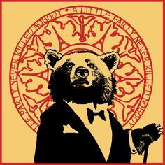 a bear wearing a tuxedo and holding a cane in his hand with an ornate circle behind it