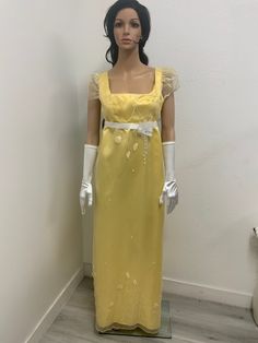 Nice and elegant evening gown perfect for costume or dress up party, made with yellow satin under yellow embroidered organza with, short sleeve and zipper on the back , this dress up set includes a pair of marching gloves and a beautiful hair clip , this dress is made to order with the same material as pictured, THERE IS NO RETURNS AND EXCHANGES ACCEPTED PLEASE BE SURE TO CHECK THE MEASUREMENTS ON THE BOTTOM OF THE DESCRIPTION. If for any reason the measurements don't match with yours be sure to Elegant Evening Gown, Dress Up Party, Up Party, Yellow Satin, Dressup Party, Embroidered Organza, Regency Era, Evening Gowns Elegant, Old Rose