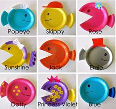 twelve different types of plastic plates with fish and sea creatures painted on them, all in different colors