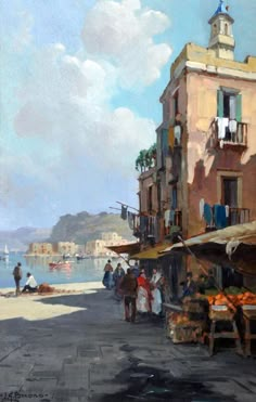 an oil painting of people walking on the sidewalk near buildings and boats in the water