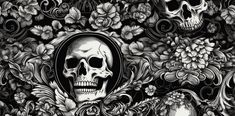 skulls and flowers on a black background