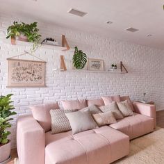 a living room with pink couches and potted plants on the wall above them