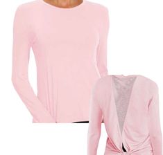 a women's pink top with long sleeves and an open back, in front of a white background