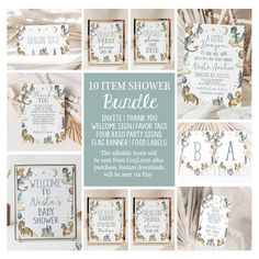 a collage of baby shower items with the words 10 item shower bundle on them