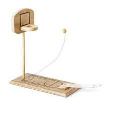 a wooden toy basketball hoop and net on a stand with a string attached to it