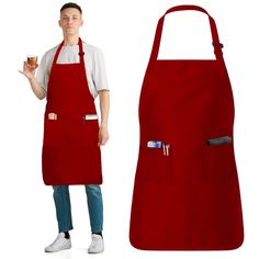 a man in an apron holding a glass of wine