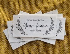 handmade by your name with love tags - set of four, embroidered on fabric