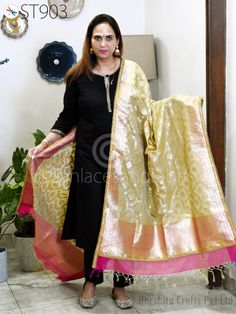 Beige Banarasi Dupatta Beaded Long Brocade Dupatta Chuni Bridal Veil Wedding Lehenga Stoles Punjabi Dress Chunni Head Scarf Women Gift. Ethnic Bridal Dupatta, Indian Brocade Dupatta, Women Scarfs, Stoles, Elegant Evening Scarves. This stunning Indian Brocade Dupatta / Stole is perfect for wedding occasion, evening, cocktail, Christmas, feast of year-end. Select matching dupatta for your lengha skirt, for Punjabi suits Long Dresses etc. Listing for Pink Magenta and Gold Brocade Long Dupatta 2.5 Meter Material: Viscose Rayon  Product: Banasri Brocade Dupatta Color: Beige, Pink Magenta and Gold. Condition: New  Code: st903 Dimension:  Length: approx. 100" (2.5 Meter) Width: approx. 34" Perfect for gifting purpose for festive season and other occasions. Please note: Any customs charges or loca Raw Silk Churidar With Pallu For Reception, Wedding Churidar With Sheer Dupatta In Jamawar, Gold Chanderi Churidar For Reception, Reception Pallu Churidar In Raw Silk, Traditional Tissue Silk Churidar For Reception, Long Traditional Wear With Sheer Dupatta, Brocade Salwar Kameez With Zari Work For Wedding, Gold Jamawar Sharara With Sheer Dupatta, Wedding Choli With Sheer Dupatta In Banarasi Silk