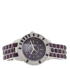 This is an authentic CHRISTIAN DIOR Stainless Steel 33mm Diamond Sapphire Christal Watch in Purple. This watch is crafted of stainless steel and features a purple dial, diamond accented bezel, sapphire crystal, and a quartz movement. Sapphire Crystal, Quartz Movement, Quartz Watch, Christian Dior, Sapphire, Dior, Stainless Steel, Things To Sell, Crystals