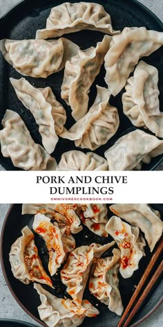 pork and chive dumplings with chopsticks in a black bowl on a table