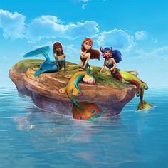 the little mermaids are sitting on an island in the water