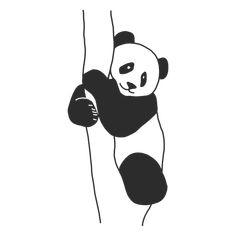 a black and white panda climbing up the side of a mountain with his hands in the air