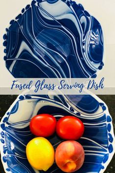 two plates with different types of fruit on them and the words, fresh glass serving dish