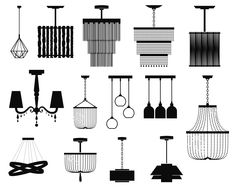 chandeliers and lamps hanging from the ceiling in different shapes, sizes and colors