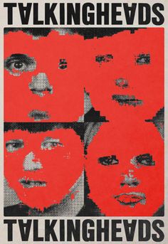 an old poster with the faces of three people in red and black on white background