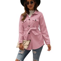 Pink Button Tie Waist Woolen Coat with Pockets Pink Outerwear With Buttoned Pockets For Spring, Pink Fall Outerwear With Buttoned Pockets, Lapel Collar Outerwear With Buttons For Day Out, Pink Outerwear With Buttoned Pockets For Fall, Pink Button-up Outerwear With Buttoned Pockets, Pink Double-breasted Outerwear With Buttons, Pink Button-up Outerwear For Day Out, Chic Pink Outerwear With Snap Buttons, Fall Winter Jacket