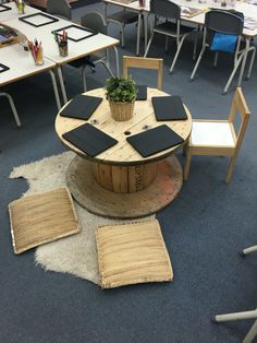 a round table surrounded by chairs and tables with books on it in an office setting