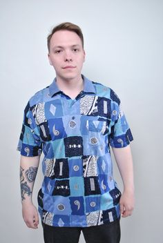 Abstract print polo, 80s retro polo shirt, vintage 1980s mens blue multicolor patterned rave festival polo shirt large, Size XL Welcome to TARASCOMMON.ETSY.COM Unique clothing from the 20th century. Model tall - 175cm XL. Sleeve - 15cm / 5.9inch; ( armpit to end of sleeve); Width - 55cm / 21.65inch; Length - 72cm / 28.34inch. All measurements are taken seam to seam while lying flat. Cotton. This item is vintage, so it can have some defects. Additional photos can be send We are glad that you are Polo Outfit Men, Groovy Clothes, Polo Outfit, Women Ski, Rave Festival, 80s Retro, Mens Tee Shirts, Unique Outfits, Abstract Print