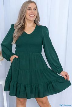 OrcaJump - Plus Size Green Puff Sleeve Smocked Dress Long Sleeve Dresses Fall, Midi Dress Work, Midi Dress Fall, Flowy Midi Dress, Short Sleeve Summer Dresses, Short Summer Dresses, Puff Long Sleeves, Smocked Dress, Green Midi Dress