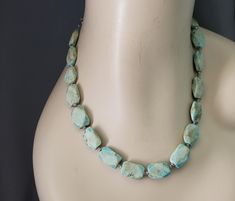 Faceted Retangular Natural Boulder Turquoise Beaded Artist Necklace. We assembled this unique turquoise beaded necklace with these faceted(cut) beads that we sourced from the Tucson International Gem Show.  Each Bead is unique(natural) and shows the characteristics of Boulder Turquoise in its unadulterated form.  Boulder Turquoise features a vein or blotch(s) of turquoise with the original surrounding rock.  We finished it off with the very popular adjustable length Sterling Silver Extender and Lobster Claw.  The silver spacer beads keep the necklace supple and drapey for comfortable wear.  Length is 14"(choker) and easily extends to 17".  If you require more extender chain, mention the request in the comments area when ordering(up to 3 more inches, no chg.) All Beads are 3/4" long X 1/2" Gem Show, Turquoise Bead Necklaces, Chunky Beads, Turquoise Beads, Spacer Beads, Turquoise Necklace, Natural Stones, Beaded Necklace, Gems