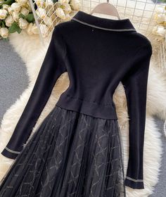 Elegant Knitted Tulle Splicing Dress P319 Fabric: blended Color: black Size(cm): S, M S length 120 bust 80-120 waist 80-106 sleeve length 54 M length 121 bust 84-124 waist 84-110 sleeve length 55 Preppy Dresses, Self Design, Dress Backs, M S, Designer Dresses, Victorian Dress, High Neck Dress, Long Sleeve Dress, Sleeve Length