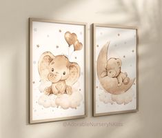 two framed pictures with an elephant and a teddy bear sitting on the moon