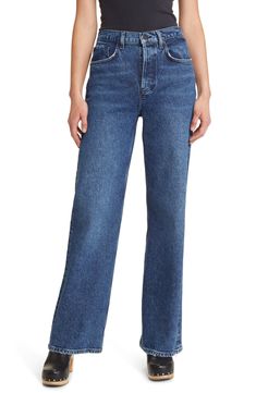 Enjoy a retro-chic, elongated look in these low-stretch jeans cut with a superhigh waist and full-length wide legs. 31" inseam; 21 1/2" leg opening; 11 1/2" front rise 57% cotton, 42% lyocell, 1% elastane Machine wash, tumble dry Made in Turkey Modern Medium Wash Flare Jeans With Straight Hem, Modern Flare Jeans With Straight Hem In Medium Wash, Modern Flare Jeans With Straight Hem, Modern High Rise Denim Blue Flare Jeans, Dark Wash High-waist Wide Leg Pants, Modern High Rise Flare Jeans With Five Pockets, High Rise Flare Jeans With Relaxed Fit, Modern Flare Denim Jeans, Modern Full Length Denim Flare Jeans