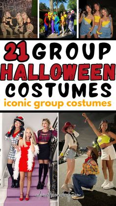 halloween costumes for adults and children with text overlay that reads 21 group halloween costumes