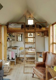 a loft bed with a ladder to the top and desk below it in a living room