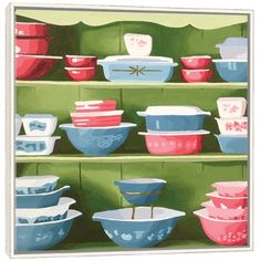 a painting of bowls on shelves in a store