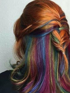 Auburn Hair With Color Blocking, Multicolor Peekaboo Hair, Copper And Vivid Hair, Jewel Tone Rainbow Hair, Red Rainbow Hair, Oil Spill Hair Blonde, Brown Hair Rainbow Highlights, Red Hair Peekaboo Highlights, Muted Rainbow Hair