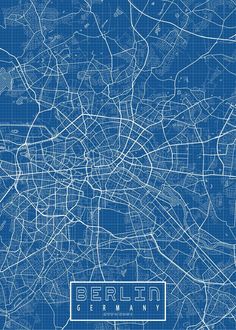 berlin blueprint map poster with the name and streets in white on a blue background