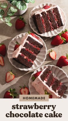 three slices of strawberry chocolate cake on plates with strawberries around them and text overlay reads homemade strawberry chocolate cake