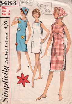 ✦ Circa:   1964 ✦ Details:  Three style variation DRESS with SCARF ✦ Size/Measurements(Inches):     ~ Size: 14        ~ Bust: 34″     ~ Waist: 26″    ~ Hip: 36″   ~ Please Note: ~ You are buying a 'Professional Reproduced' copy of this sewing pattern. Copied from the original sewing pattern. Produced in Full Scale Pattern Pieces ready to cut with full instructions included. Reproduced on high quality 50 gm paper with black ink, durable and easier for reuse. Printed by a Professional Printing Company.   ~ With this product comes an accompanying 'Booklet' and inside the Booklet it includes: ~ A 2-page Instructions and Illustrations on 'How to Adjust Your pattern to your Personal Measurement.' ~ Personal Measurement Chart ~ Body Form Illustrations ~ Fitting Checklist ~ Metric Equivalency Char Patron Vintage, Sew In Weave, Vintage Dress Patterns, Scarf Dress, Retro Mode, Couture Vintage, Sewing Pattern Sizes, 1960s Fashion, Moda Vintage