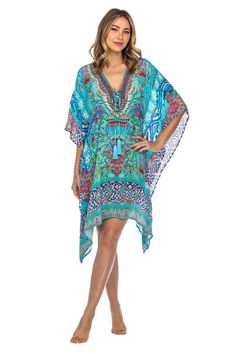 Lightweight Viscose Silk with colorful digital print and decorative rhinestones. Care: Hand wash cold, hang dry, iron from reverse if needed. The perfect La Moda Kaftan Resort Wear top, flowy and super light. It will keep you fresh and looking beautiful in warm weather! Wear it over swimsuit or as regular top. Made with lightweight material, roomy with a relax fit. This caftan top features a deep lace up V neck, generous armholes and fine embellishing.It has an elegant cape like drape. Its uniqu Summer V-neck Kaftan With Digital Print, Multicolor V-neck Party Swimwear, Multicolor Digital Print Dress For The Beach, Multicolor Digital Print Beach Dress, Summer Beach Dress With Digital Print, Beach Dress With Multicolor Digital Print, Summer Vacation Dresses With Digital Print, Turquoise V-neck Swimwear For Vacation, Bohemian Blue One-piece Swimwear