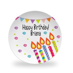 a birthday plate with candles and confetti on it that says happy birthday, braina