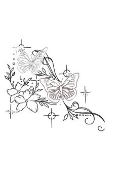 a black and white drawing of flowers with butterflies