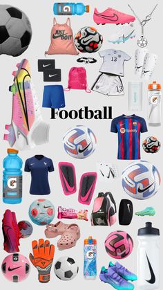 a collage of various sports items including shoes, gloves and water bottles with the words football on them