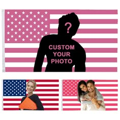 two people are standing in front of an american flag with the words custom your photo on it