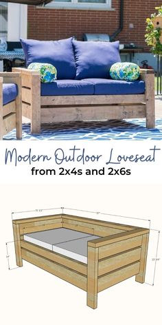 the plans for an outdoor sofa and coffee table are shown in two different views, one is