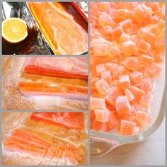 there are many different pictures of food in the bowl and on the table, including carrots, orange slices, and sugar cubes