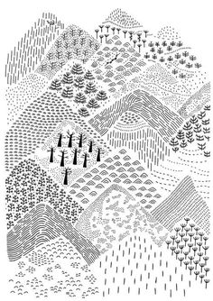 an artistic drawing with trees and mountains in black and white, on a white background