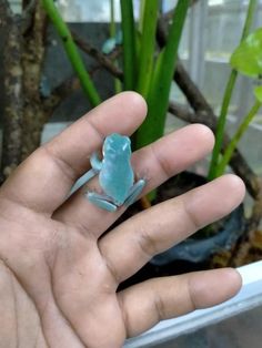 a small frog sitting on top of a person's hand in front of some plants