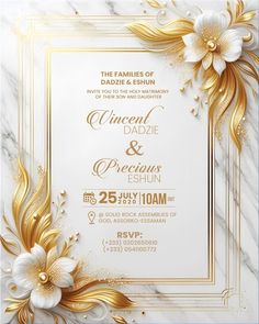 an elegant wedding card with gold and white flowers on the marble background, is ready to be