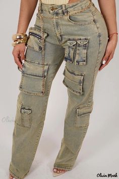 Olivia Mark - Classic Mid-Waist Straight Denim Jeans with Vintage Patchwork Design and Functional Pockets Non-stretch Utility Denim Jeans, Non-stretch Denim Utility Jeans, Utility Non-stretch Denim Jeans, Fitted Washed Utility Jeans, Non-stretch Denim Utility Cargo Jeans, Non-stretch High Waist Cargo Jeans, High Waist Non-stretch Cargo Jeans With Pockets, Fitted Denim Cargo Jeans With Patch Pockets, Non-stretch Denim Cargo Jeans