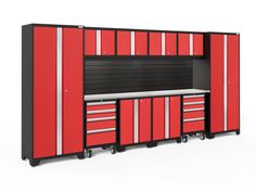 a red and black garage cabinet with drawers