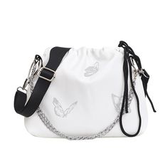 Luminous Butterfly Printed Drawstring Messenger Bag for Women - Wnkrs Trendy White Shoulder Bag For Travel, Trendy White Shoulder Travel Bag, White Crossbody Bucket Bag For Travel, White Pouch Bucket Bag For Travel, Trendy White Pouch Bag, White Pouch Bucket Bag For School, White Bucket Bag With Adjustable Strap, White Shoulder Bag For Spring Travel, Trendy White Shoulder Bag For School