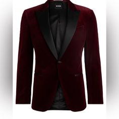 An Elegant Tuxedo Jacket By Boss Menswear. Securing With A Single-Button Closure, This Refined Tuxedo Jacket Is Designed In Soft Velvet Made From Pure Cotton. Silk-Blend Accents Add An Elevated Touch To This Slim-Fitting Piece. 100% Cotton, Lining: 100% Viscose, Facing: 78% Silk, 22% Polyester, Sleeve Lining: 100% Viscose, Pocketing: 100% Cotton The Model Wears A Size 38r And Is 6'1" Tall With A, 37" Chest, 29" Waist And 35" Hips. Winter Tuxedo Style Outerwear, Formal Tuxedo Outerwear With Pockets, Tuxedo Style Outerwear With Single Button, Slim Fit Single Button Winter Outerwear, Winter Slim Fit Single Button Outerwear, Winter Tuxedo Outerwear With Suit Collar, Winter Tuxedo With Suit Collar, Slim Fit Long-sleeved Formal Outerwear, Long Sleeve Tuxedo Style Outerwear For Business